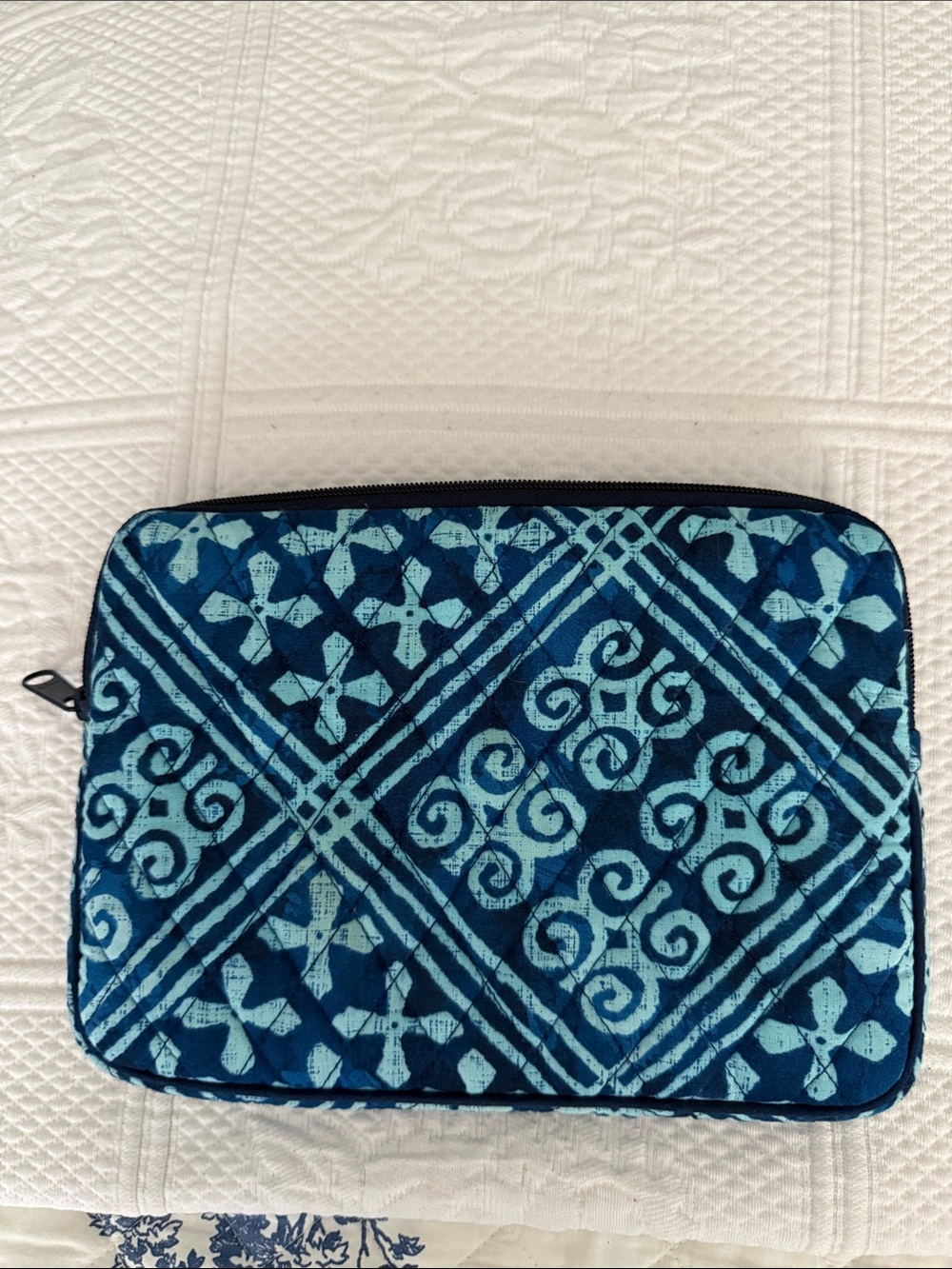 Vera Bradley Blue Quilted Tablet Sleeve with Geometric Floral Pattern